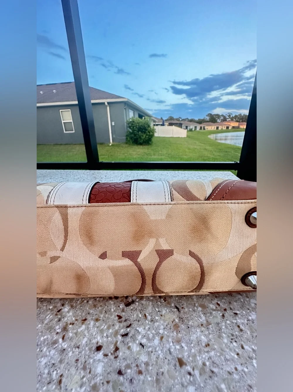 Coach Hamptons Optic Signature Stripe Carryall F13337, Brown and Cream